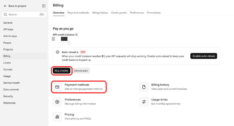 OpenAI Billing page with Buy credits and Payment methods highlighted