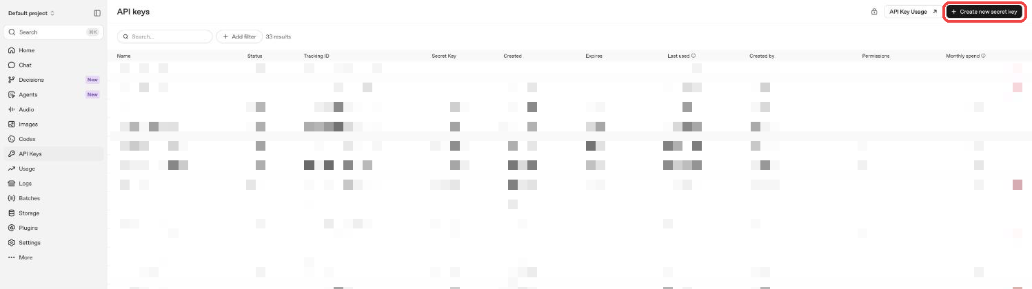OpenAI API keys page with the Create new secret key button highlighted
