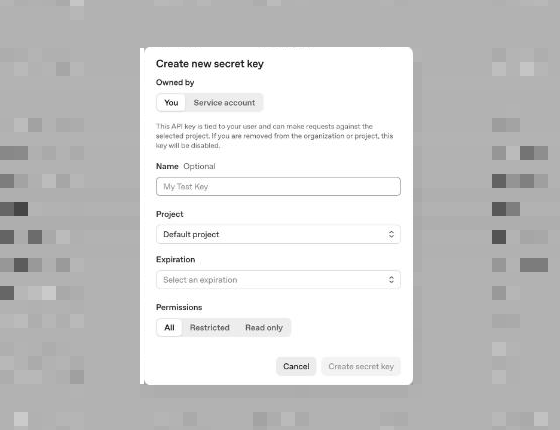 Create new secret key window